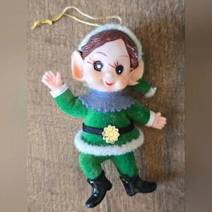 Sweet Little Vintage Flocked Elf Pixie Flocked Ornament